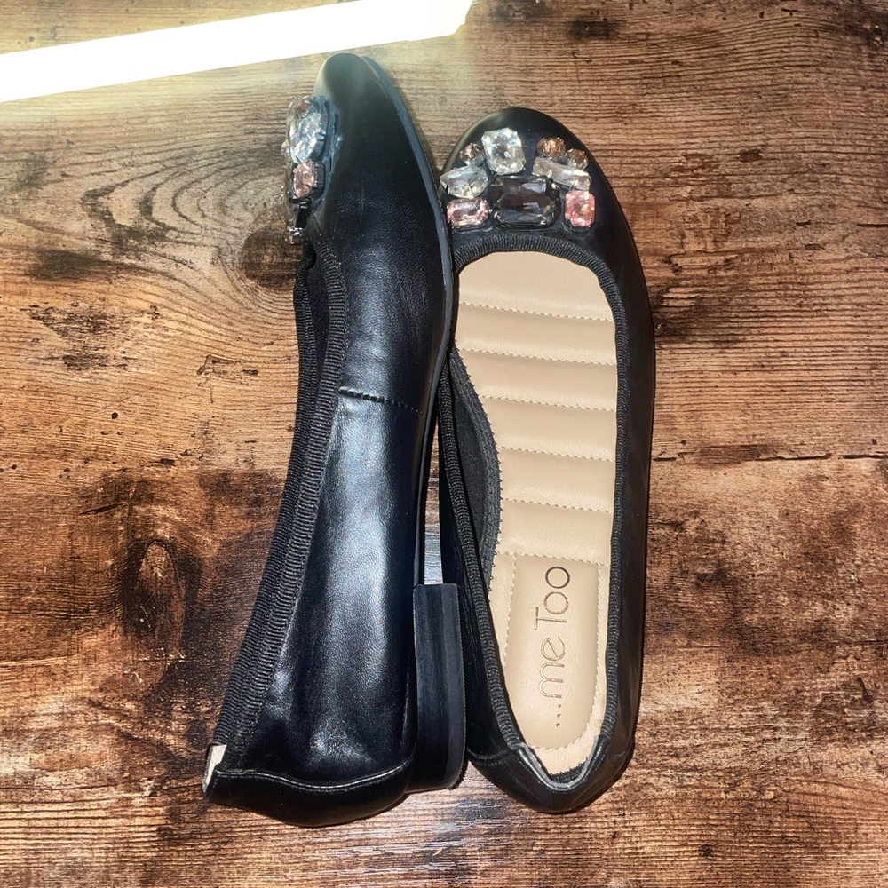 Like New MeToo Black Flats with Pink, White, & Black Gemstones